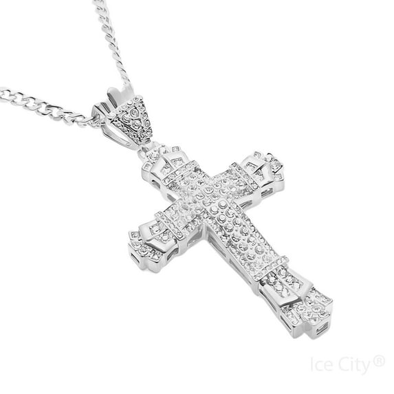 Ice City Men's Iced Cross Pendant Necklace, Gold & Silver Plated - Silver