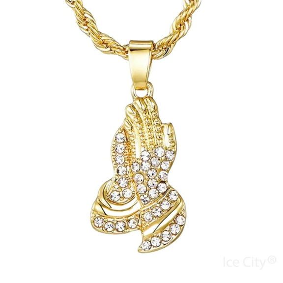 Ice City Men's Praying Hands Pendant Necklace, Cubic Zirconia - Gold