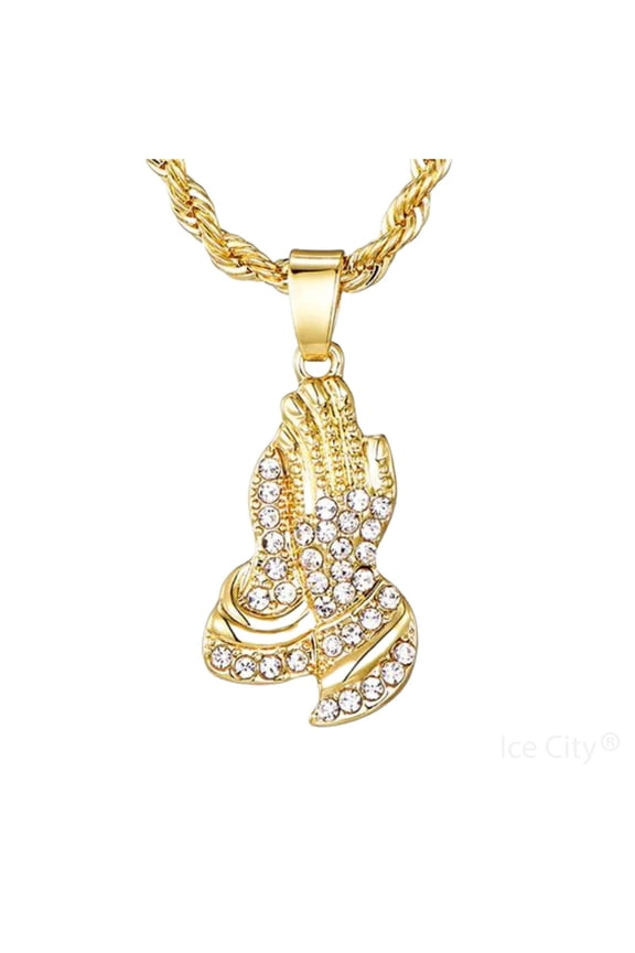 Ice City Men's Praying Hands Pendant Necklace, Cubic Zirconia - Gold
