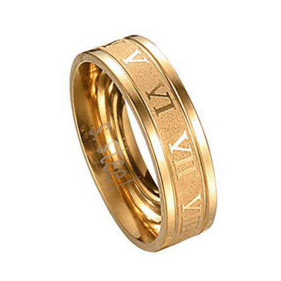 Ice City Men's Roman Numeral Wedding Band, Gold and Steel Rings - Gold / 10