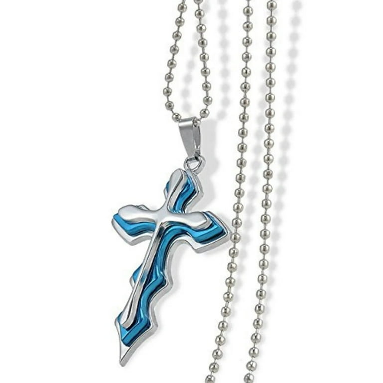 Ice City Silver and Blue Cross Titanium Pendant Stainless Steel Chain Link Necklace 23 Inches