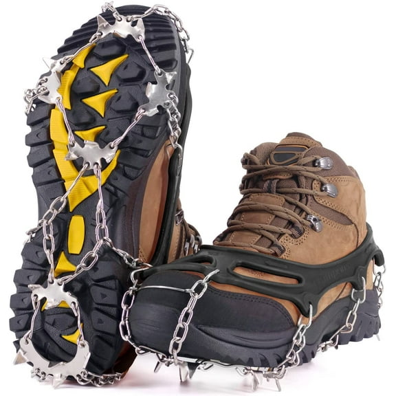 Ice Cleats Crampons Traction,19 Spikes Stainless Steel Anti Slip Ice Snow Grips for Women, Kids, Men Shoes Boots, Safe Protect for Mountaineering, Climbing, Hiking, Walking, Fishing,M, L, XL