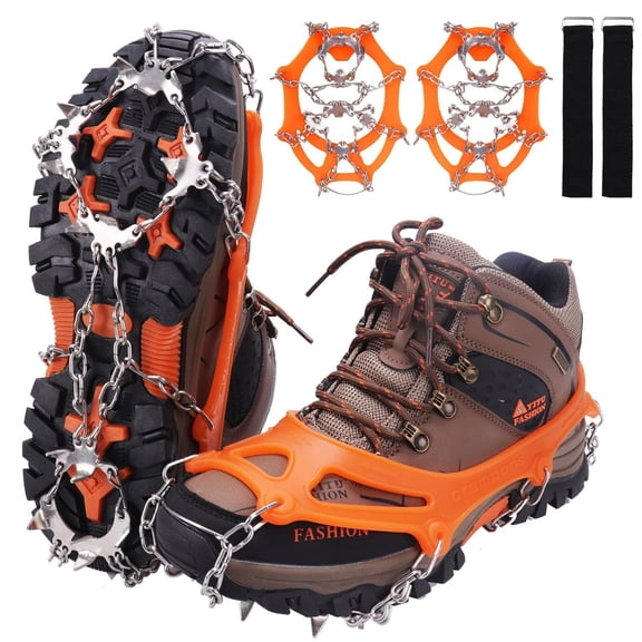 Ice Cleats Crampons Traction Spikes for Shoes & Boots, 19 Stainless Steel Heavy Duty Anti Slip Snow Grips, for Men Women Walking Hiking Climbing Mountaineering Ice Fishing Outdoor Winter Activities