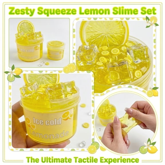 Ice Cold Lemonade Slime Kit, Clear Yellow Jelly Slime with Lemon Ice Cube Charms for Relaxation, Party Favors and Desk Fun