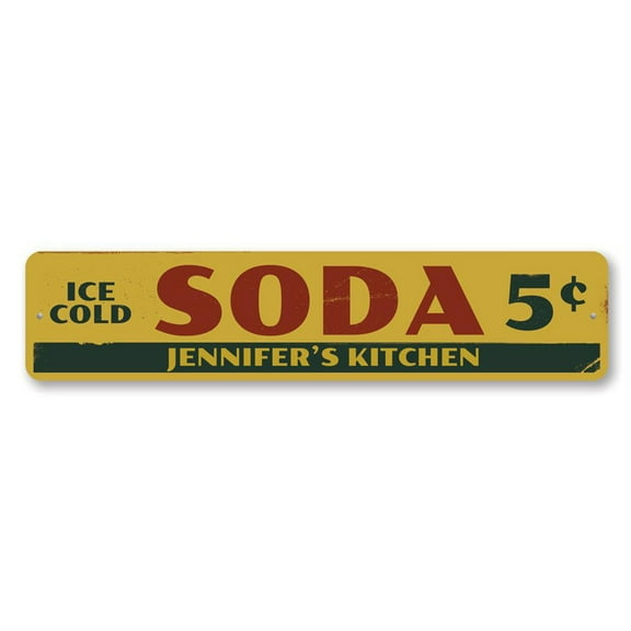 Ice Cold Soda 5 Cents Sign, Chef Name Kitchen Sign, Custom Kitchen Decor, Pop Lover Aluminum Sign - 4x18 inches