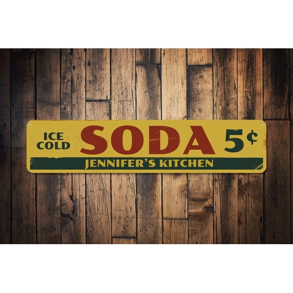 Ice Cold Soda 5 Cents Sign Chef Name Kitchen Sign Custom Metal Kitchen Decor Pop Lover Sign - Soda Gifts - Size: 16 x 4 Inches