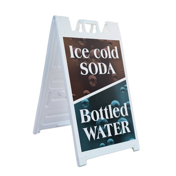 Ice Cold Soda & Bottled 24" x 36" Double Sided A-Frame Sidewalk Sign Includes 2 Plastic Inserts Foldable Portable White Signicade Sandwich Board Refreshing Drinks Food Stalls Event