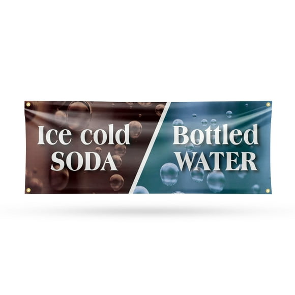 Ice Cold Soda & Bottled Banner Sign 18 Inch x 48 Inch | 13 oz Vinyl with Metal Grommets | Heavy-Duty Single-Sided Outdoor Durable Printed High-Quality Weatherproof | Made in the USA