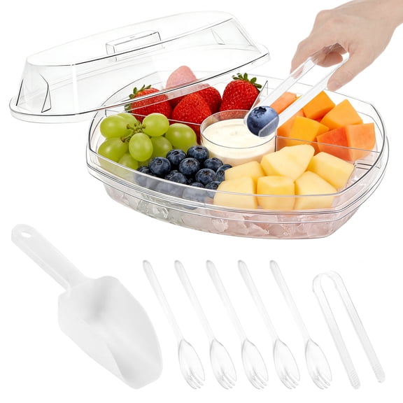Ice Compartment Party Tray 15 Inch, Clear PET Divided Platter with Lid, Shrimp Serving Tray for Cold Buffet, 4 Compartment Dish for Fruit Veggie Sushi, Includes Utensils