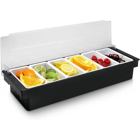 Ice Cooled Condiment Serving Container Fruit Veggie Condiment Caddy Plastic Garnish Station with Lid for Fruit,Ice Cream,Salad Bar-Topping Organizer for Restaurant Supplies (6 Compartments)