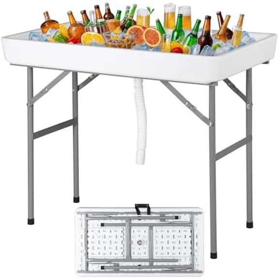 Ice Cooler Folding Table with Removable Matching Skirt & Drain Hose, Ice Table for Food Beverage Cooling Indoor Outdoor Wedding Party Camping BBQ$$Garden &
