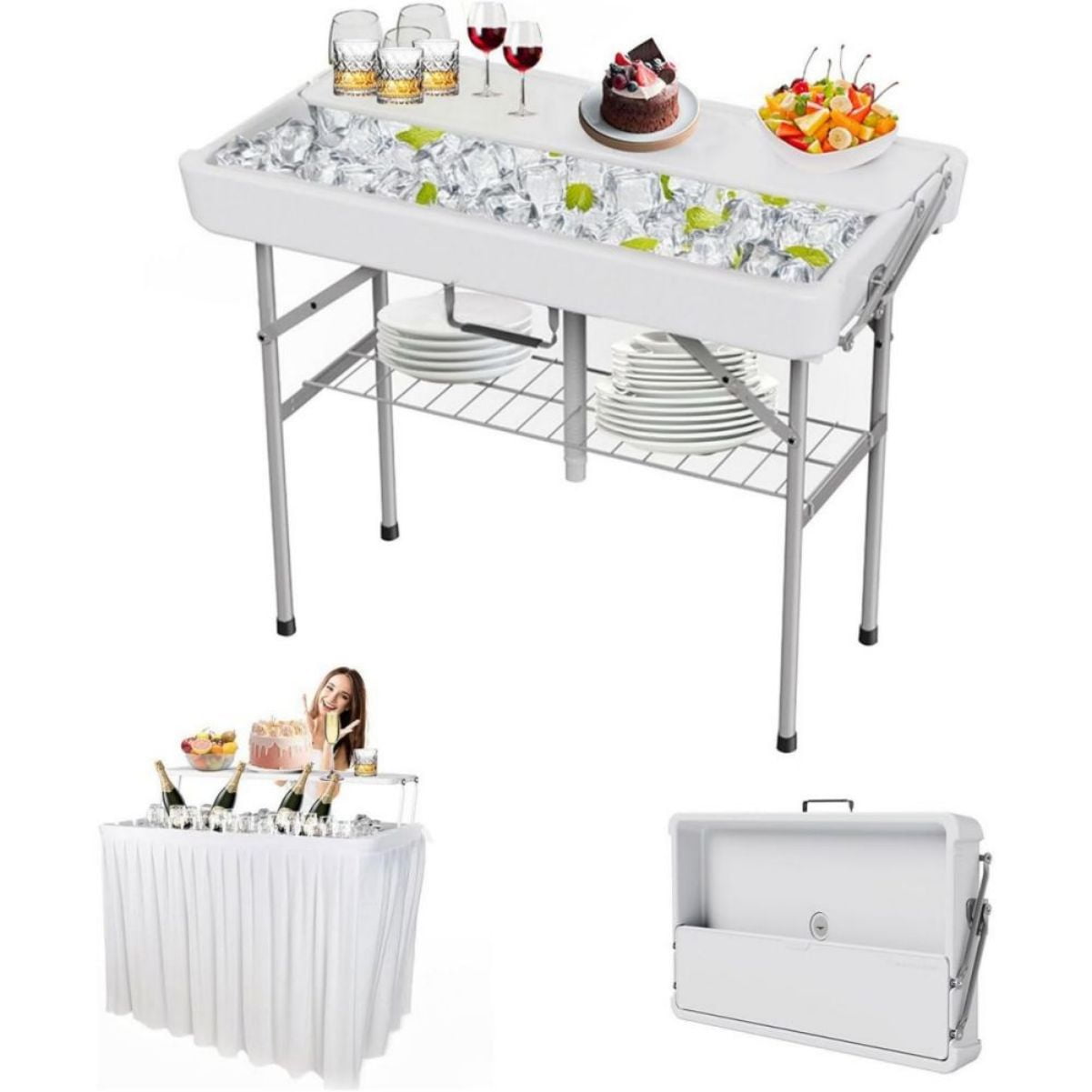 Ice Cooler Folding Tables with Drain, 4 Ft Two-Tier Ice Bin Table, Portable Cold Table for Food Drinks Beverages, Chilling Table Cooler Server for Ice Cooler Folding Tables with Drain, 4 Ft Two-Tier Ice Bin Table, Portable Cold Table for Food Drinks Beverages, Chilling Table Cooler Server for