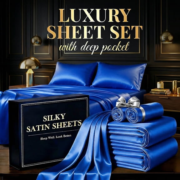 Ice Cooling Summer Satin 3/4 Pieces Bedding Set, Silky Smooth, Lightweight & Breathable Cool Feeling Bed Sheet Set With Exquisite Edge Stitching, Flexible, Wear-resistant & Durable(Blue,Full)