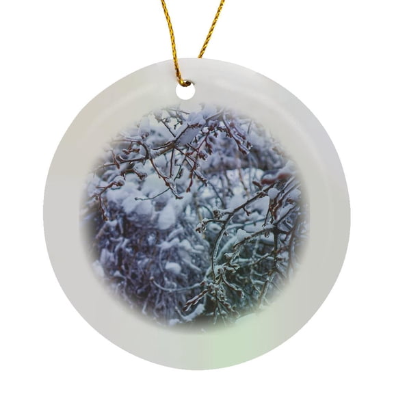 3drose, Ice Covered Branches and Twigs of a Tree in Winter, Circle Porcelain Ornament