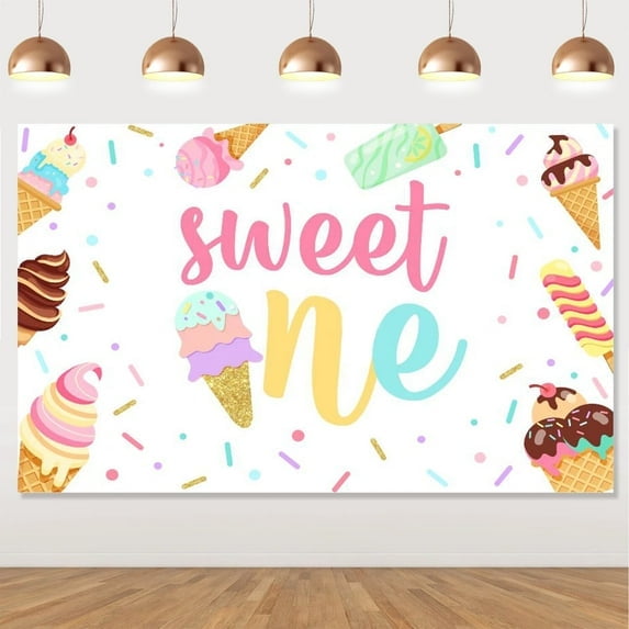 Ice Cream 1st Birthday Backdrop Banner Sweet One Pastel Party Decorations Lollipop Wall Decor Photo Background Booth Props Girls