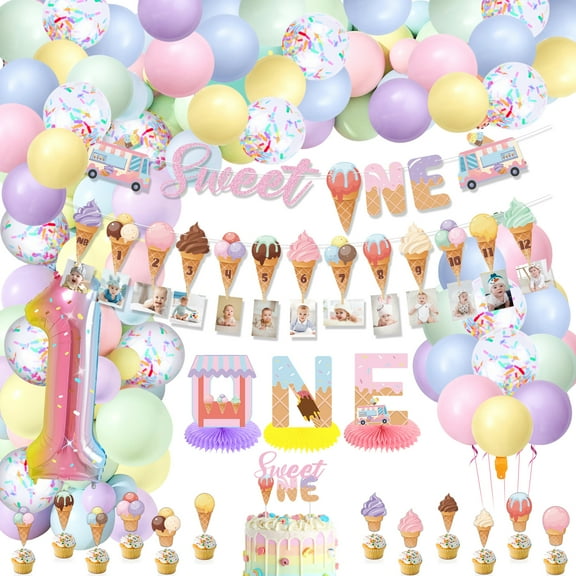 Ice Cream 1st Birthday Decorations, include Sweet One Banner, Monthly Photo Banner, Ice Cream ONE Honeycomb Centerpiece, Cake Toppers, Balloons for Girls Sweeties Baby First Birthday Party Supplies
