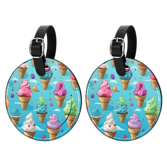 Ice Cream 2pcs PU Leather Round Bag Tags with Privacy Cover and Name ID Tag - Suitcase Tags for Travel Luggage, Handbags, Backpacks, School Bags