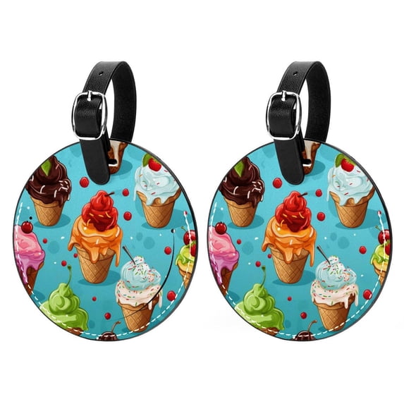 Ice Cream 2pcs PU Leather Round Bag Tags with Privacy Cover and Name ID Tag - Suitcase Tags for Travel Luggage, Handbags, Backpacks, School Bags