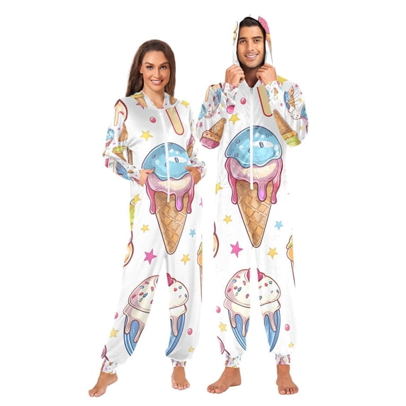Ice Cream Adult Onesie Pajamas Slim Fit Christmas One Piece Suit Pjs for Women and Men Hooded Zipper