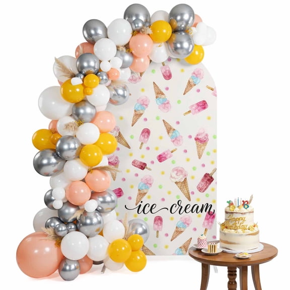 Ice Cream Arch Backdrop Cover 4 Ft Summer Desert Watercolor Popsicle Colorful Polka Dot Spandex Fitted Stretchy Arch Cover, Round Top Chiara Backdrop Cover for Wedding Birthday Baby Shower