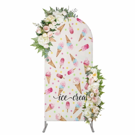 Ice Cream Arch Backdrop Cover 5FT, Summer Pink Popsicle Colorful Polka Dots Spandex Fitted Stretchy Arch Stand Covers, Round Top Chiara Backdrop Cover for Wedding Party Birthday Baby Shower