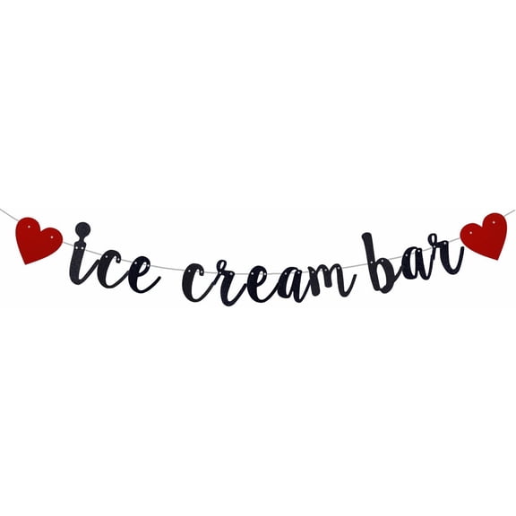 Ice Cream Bar Banner Sign Black Glitter Garland Ice Cream Themed Birthday Baby Shower Wedding Engagement Party Decorations Pre-Strung