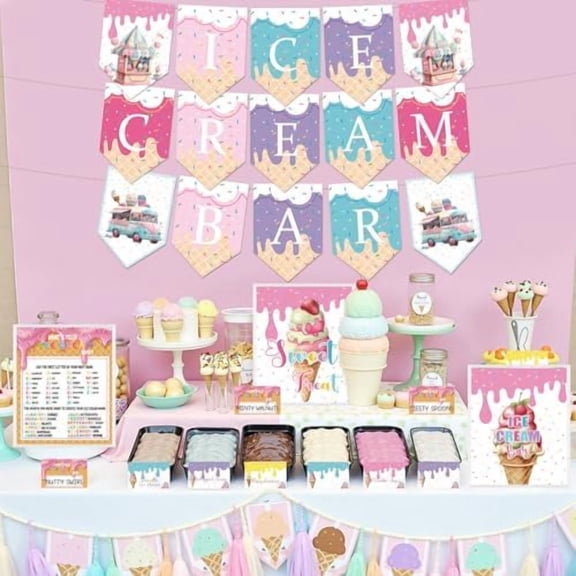 Ice Cream Bar Decorations - 51 Pcs Colorful Banner Table Signs Food Tents Cards Name Game Decor Kit Summer Party Supplies for Birthday Baby Bridal Shower Bachelorette Wedding Housewarming