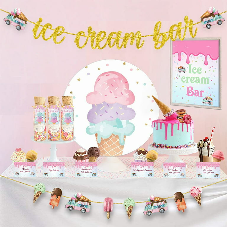 Ice Cream Bar Decorations Kit Party Supplies Gold Glitter Banner Garland Sign Tent Cards For Themed Birthday Com