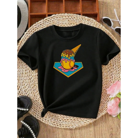 Ice Cream Baseball Patterned Graphic T-shirts for Outdoor Sports and Daily Wearing, Young Girls T-Shirts, Size from 3-13Y