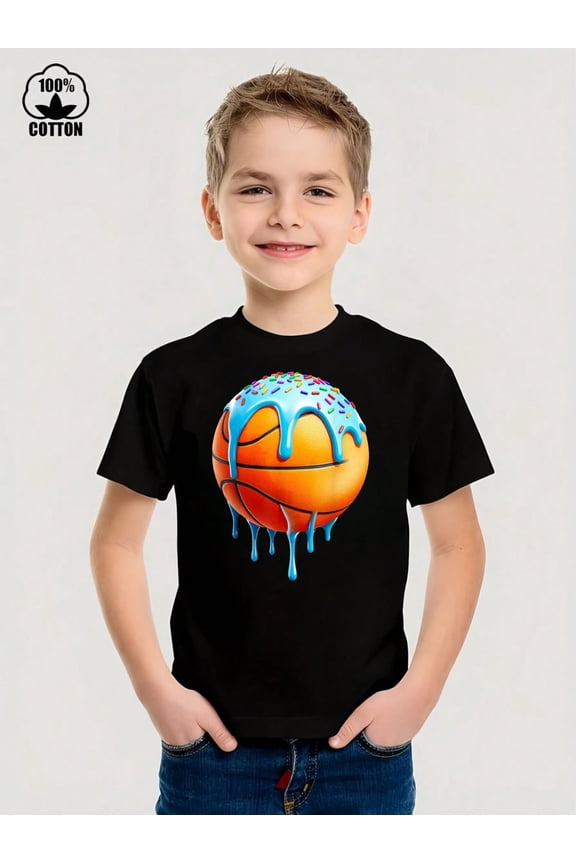 Ice Cream With Basketball Novelty Graphic Kid T-Shirt Casual  Style With 100% Cotton Fabric,Suitable for Boys And Girls,Size From 3T-13Y,Ideal Gift for Kids