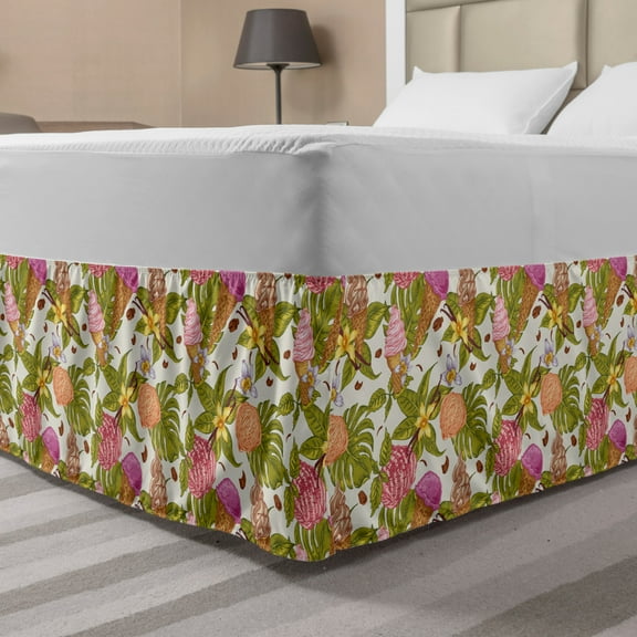 Ice Cream Bed Skirt, Continuous Pattern with Tropical Leaves and Flowers with Scoops on Waffle Cones, Elastic Bedskirt Dust Ruffle Wrap Around for Bedding Decor, 4 Sizes, Multicolor, by Ambesonne