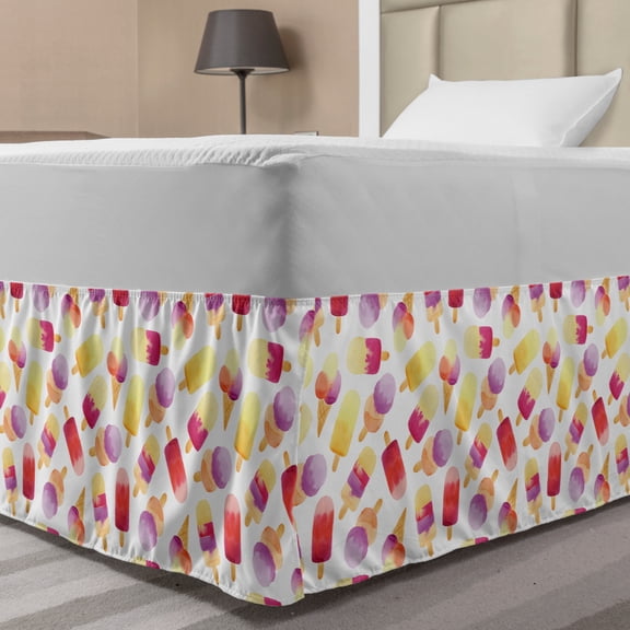 Ice Cream Bed Skirt, Watercolor Style Ice Cream with Cones in Pastel Toned Paintbrush Artwork, Elastic Bedskirt Dust Ruffle Wrap Around for Bedding Decor, 4 Sizes, Multicolor, by Ambesonne