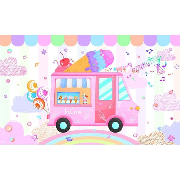 Ice Cream Birthday Backdrop Ice Cream Truck Shop Sweet Summer Baby Shower Photography Background Colorful Cloud Music Cute Dessert Newborn Birthday Party Decorations Banner Photo Booth Props