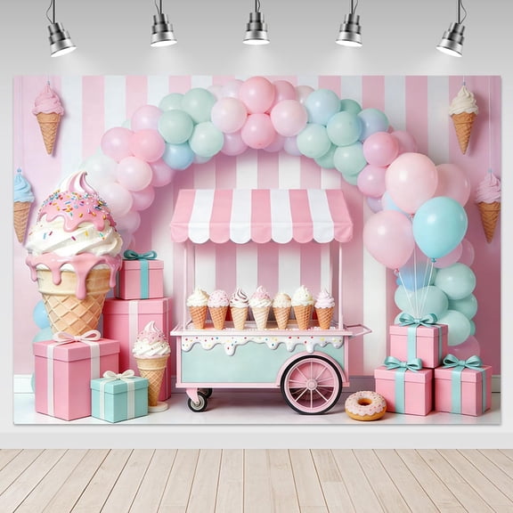 Ice Cream Birthday Backdrop Pink Scoop Birthday Background for Girls Donut Ice Cream Handcart Birthday Party Decorations Banner Supplies Photo Booth Props