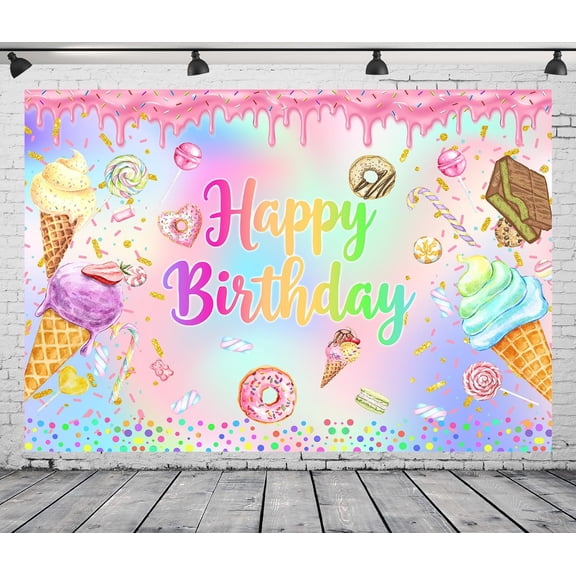 Ice Cream Birthday Backdrop Sweet Candy Chocolate Lollipop Dessert Photography Background for Baby Shower Happy Birthday Party Cake Table Decorations Banner Supplies Photo Booth Props