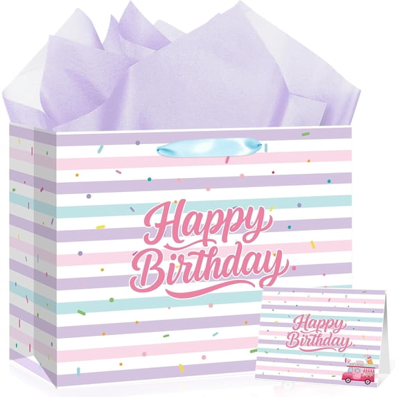 Ice Cream Birthday Gift Bag for Girls, Pastel Ice Cream Gift Bag with Tissue Paper and Card, Sprinkle Ice Cream Party Bag for Girls Summer Baby Shower Sweet One Gift Wrapping Party Supplies
