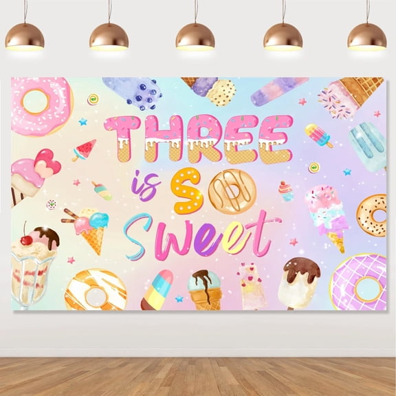 Ice Cream Birthday Party Backdrop, Donut Background, Cake Table Decoration, Banner Photo Booth Props, Three Is So Sweet