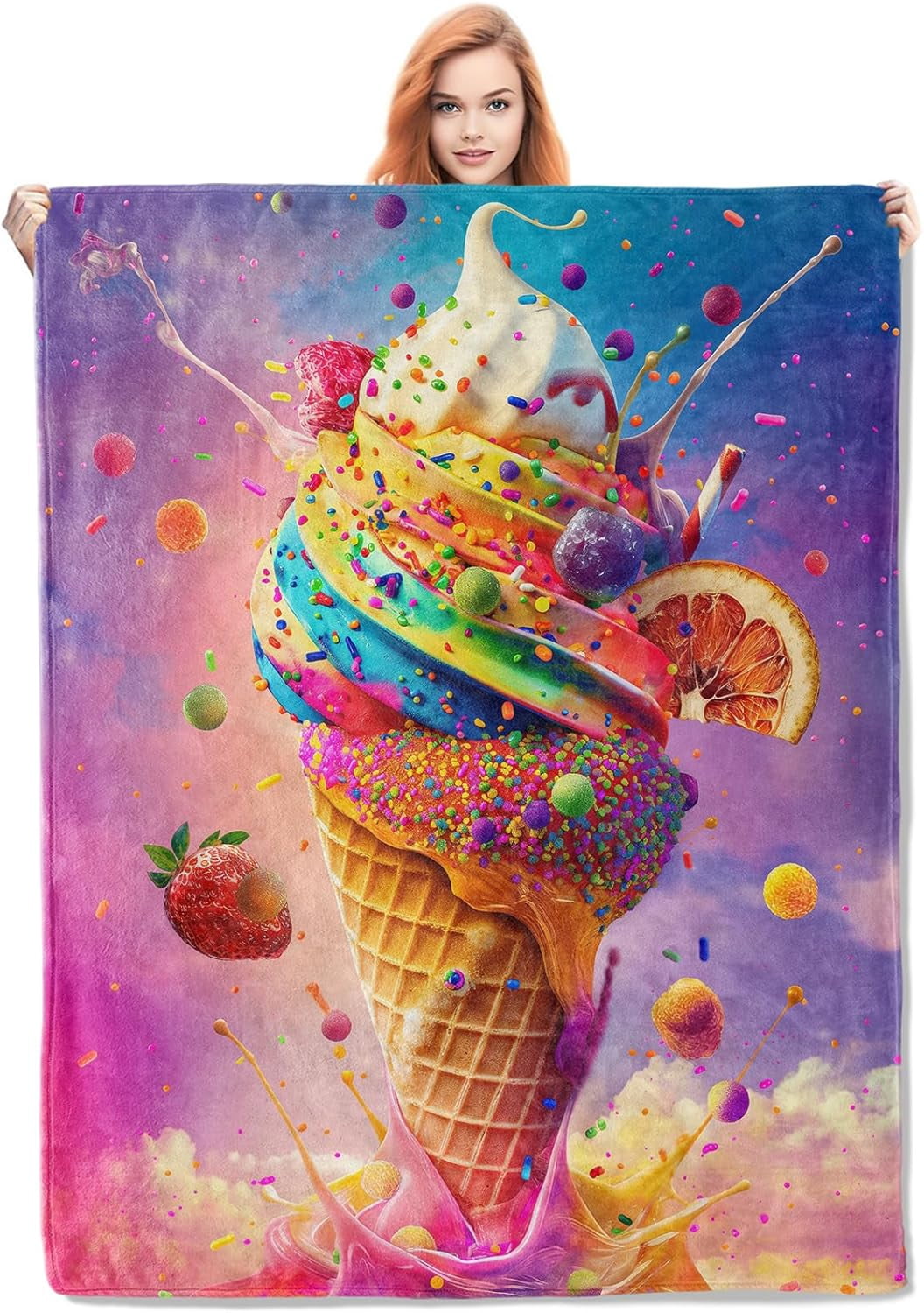 Ice Cream Blanket,Colorful Flannel Throw Blankets,Soft Warm Lightweight Cozy Plush Throws for Bedroom Sofa Home Decor Gifts for Women Girls 50"x60"