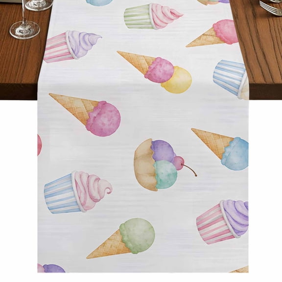 Ice Cream Burlap Cotton Table Runner 13x36 Inches Short, Colorful Watercolor Dessert Cupcakes Farmhouse Table Runners, Outdoor Dining Table Decor for Baby Shower/Party/Wedding
