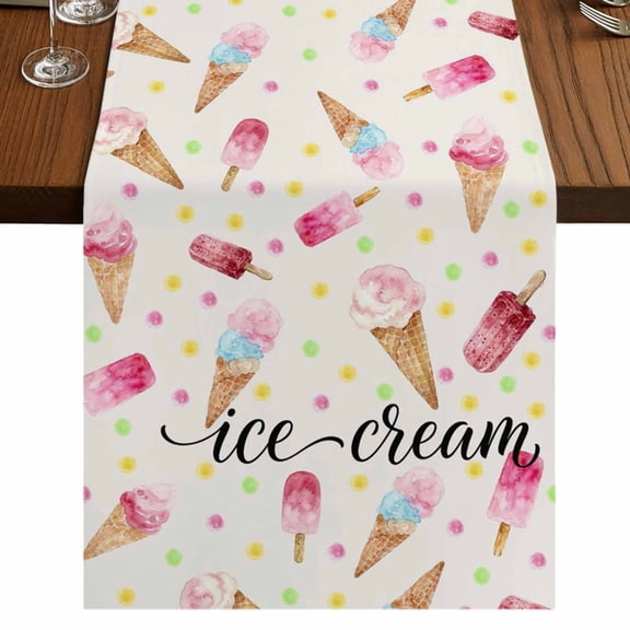 Ice Cream Burlap Cotton Table Runner 13x48 Inches Long, Summer Pink Popsicle Colorful Polka Dots Farmhouse Table Runners, Outdoor Dining Tablecloths Decor for Baby Shower/Party/Wedding