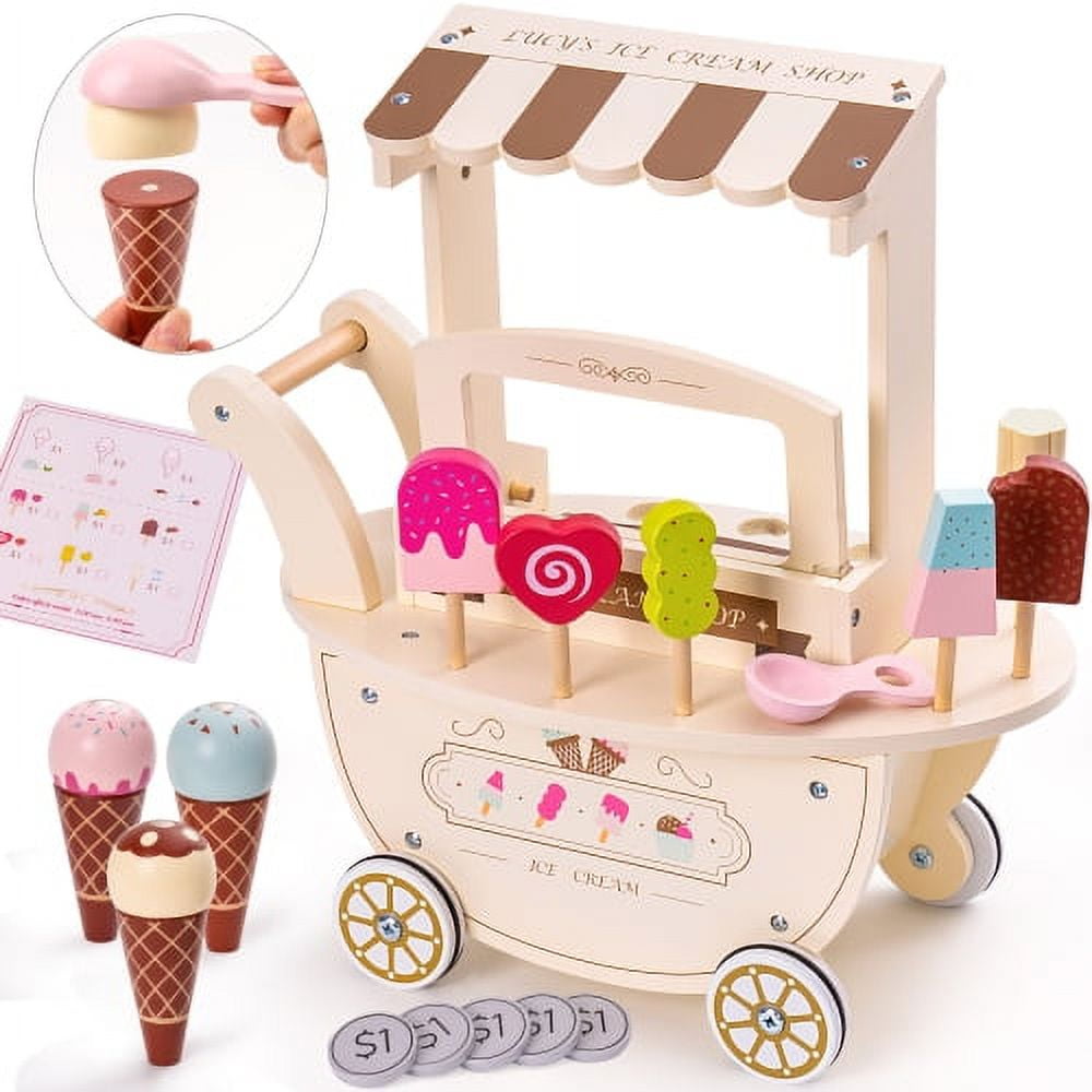 Torlam Ice Cream Cart for Kids Toys, Pretend Play Food Toys Ice Cream Shop  Counter Play Set Scoop and Cone Maker Toy, Toddler Grocery Play Store