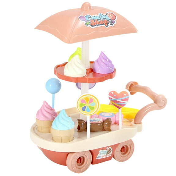 Ice Cream Cart Toy Set - 28-Pc Interactive Pretend Play Food Station with Light & Music, Safe Kids Playset, Ideal for Children 3+, Red