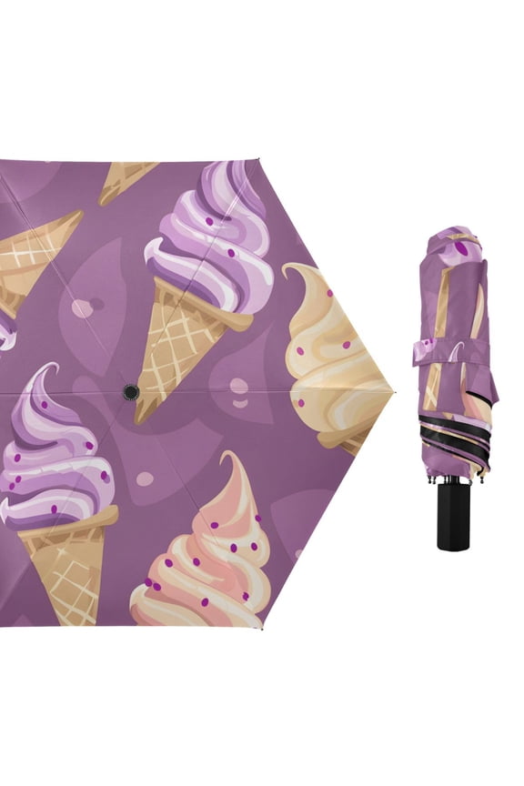 Ice Cream Cartoon Cute All Weather Umbrella Triple Folding Parasol 6 Ribs UV Protection Portable