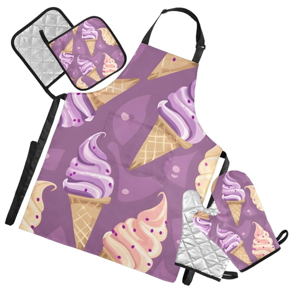 Ice Cream Cartoon Cute Apron Set with Oven Mitts Pot Holders Set of 5 Kitchen Stuff Accessories