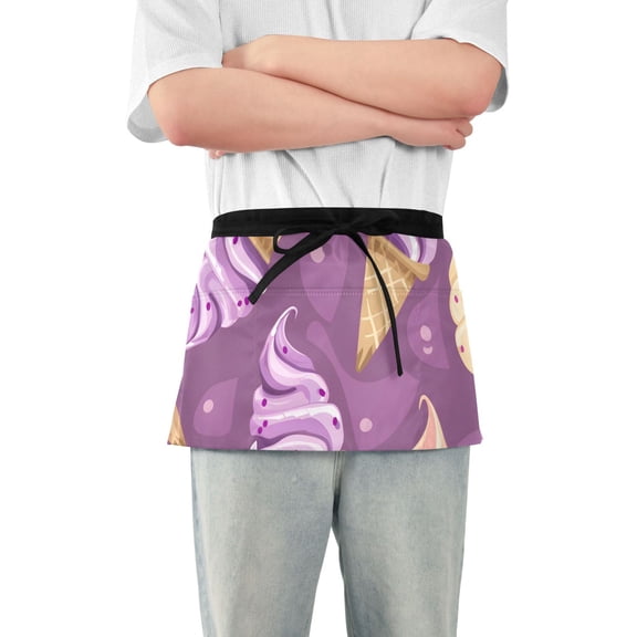 Ice Cream Cartoon Cute Short Server Apron with 3 Pockets for Unisex Chef Gardening