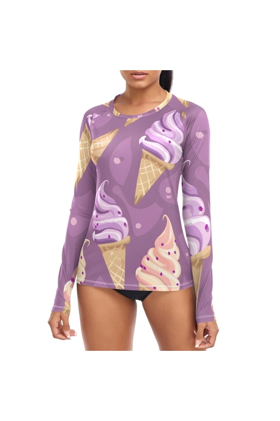 Ice Cream Cartoon Cute Women's Rash Guard Shirts UPF 50+ Sun Protection Clothing Long Sleeve Swim Suits M