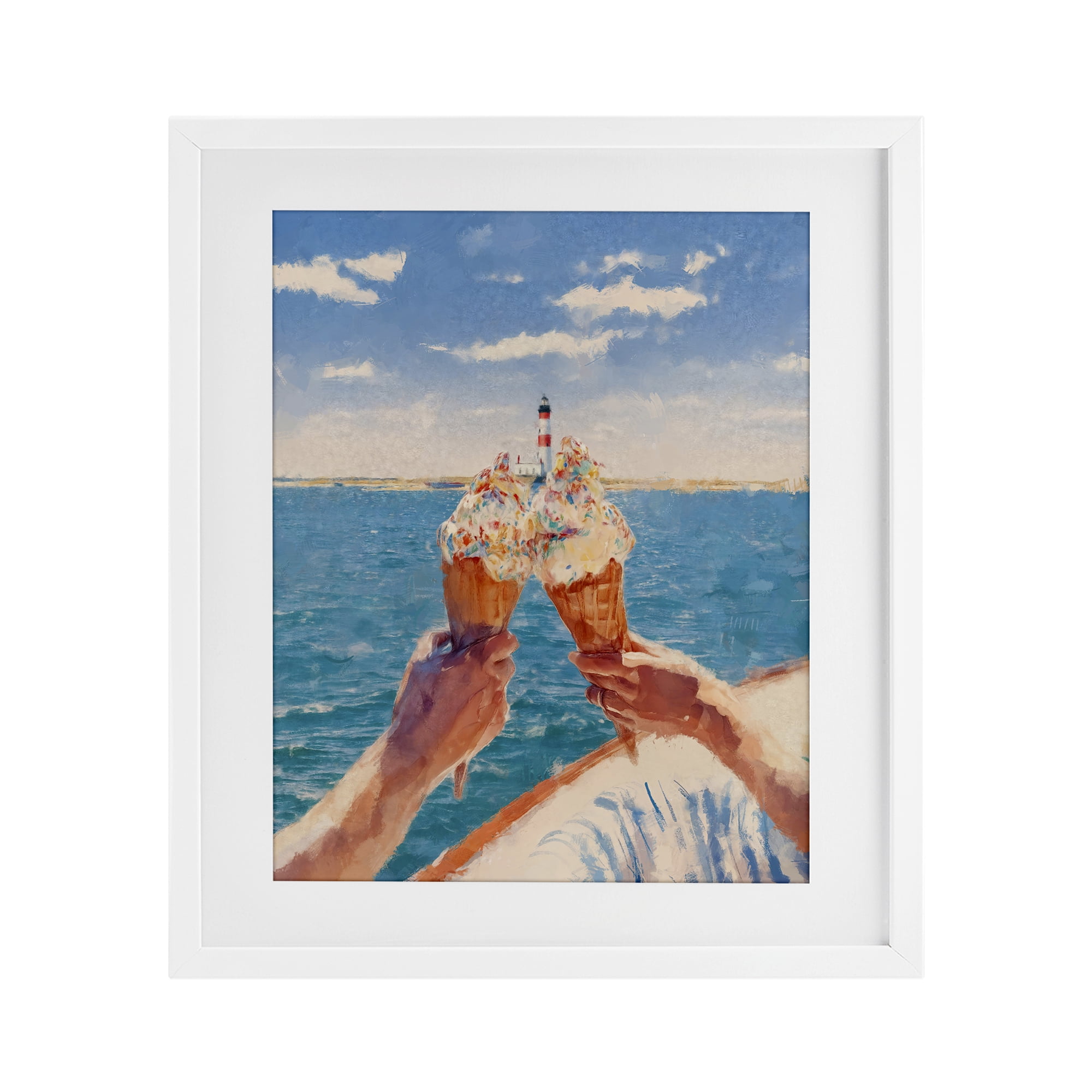 Ice Cream Cheers on Boat White Framed Print Under Glass, design by Ziwei Li