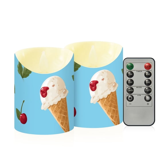 Ice Cream Cherries Mint Leaves Cute Flickering Flameless Candles with Remote Timer Battery Operated LED Tealight Set of 2 M
