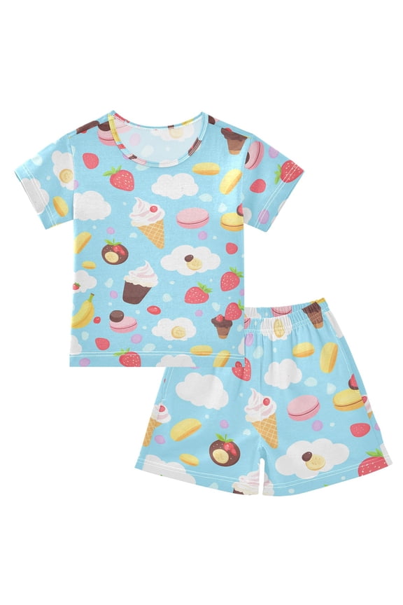 Ice Cream Clouds Pattern Summer Pajama Set Soft Cotton Short Sleeve Sleepwear 2PCS Pajama Sets Breathable Lounge Set Size 8Y