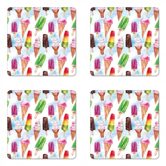 Ice Cream Coaster Set of 4, Surreal Exotic Type Ice Cream Motif with Raspberry Kiwi Flavor Colorful Display, Square Hardboard Gloss Coasters, Standard Size, Multicolor, by Ambesonne